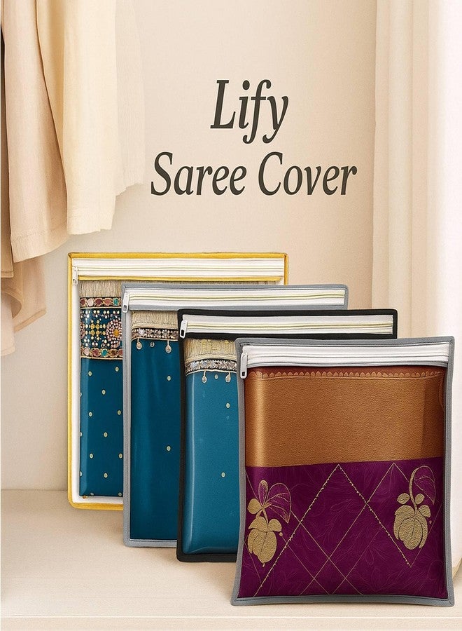 Lify transparent Saree Covers/Saree Bags/Storage Bags/Clothes Covers with Zip Lock Combo (Suitable for Single Saree Pack)- Black, Grey & Golden Color (Light Grey- 6Piece) - Image 4